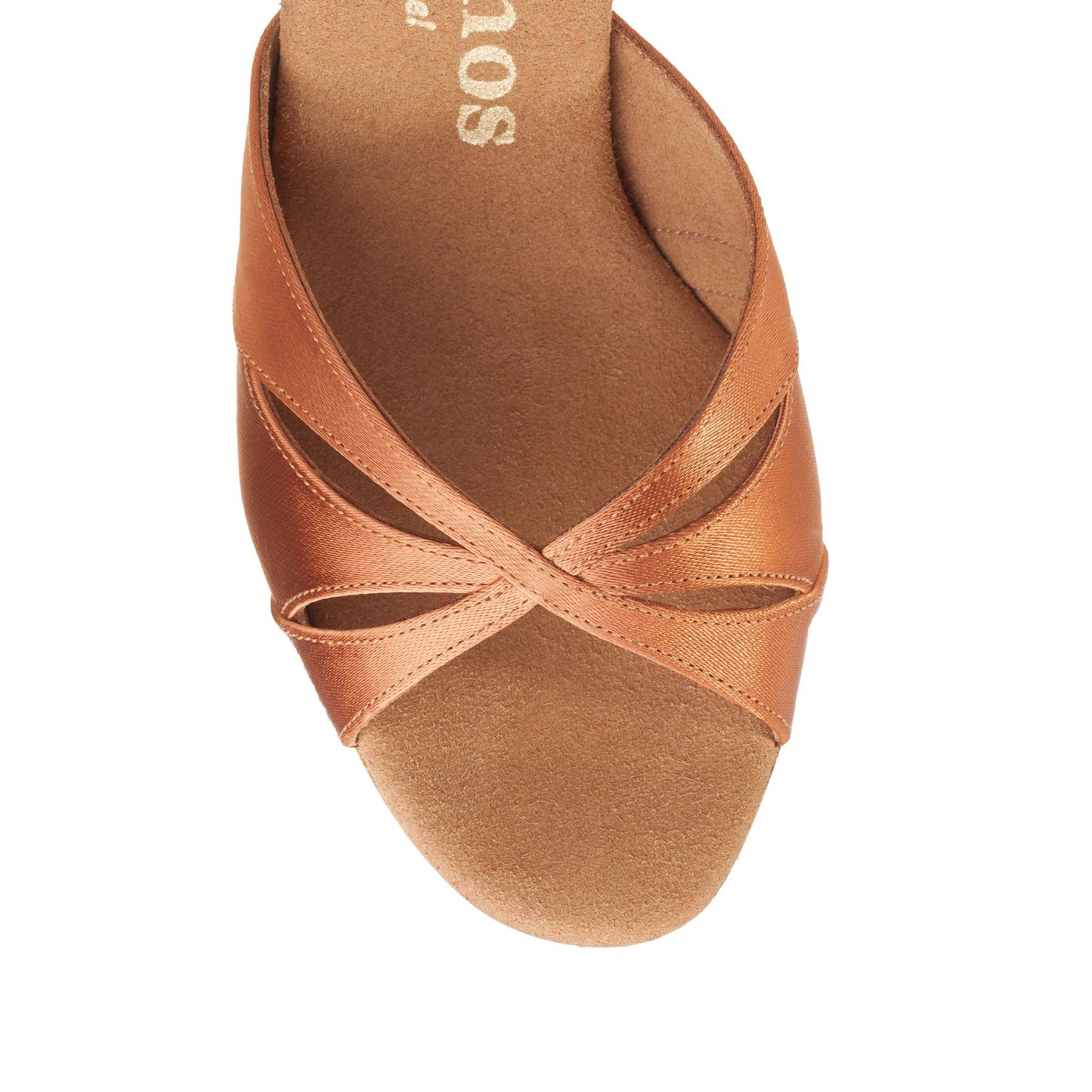 Top view of Rummos R385 048 Latin dance shoe in soft brown satin, featuring cross straps and a cushioned insole.