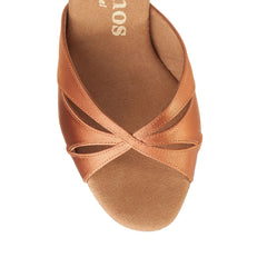 Top view of Rummos R385 048 Latin dance shoe in soft brown satin, featuring cross straps and a cushioned insole.