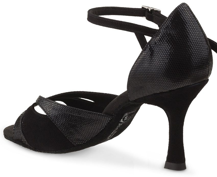 Elegant black Rummos R385 061-024 Latin dance shoe with a stylish heel and ankle strap, perfect for Salsa and Tango.