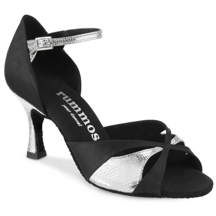 Rummos R385 041-053 Latin dance shoe in black satin and silver leather, featuring comfortable design and stylish heel.