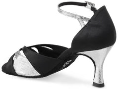 Handcrafted Rummos R385 041-053 Latin dance shoe in black satin and silver leather, featuring a stylish heel.