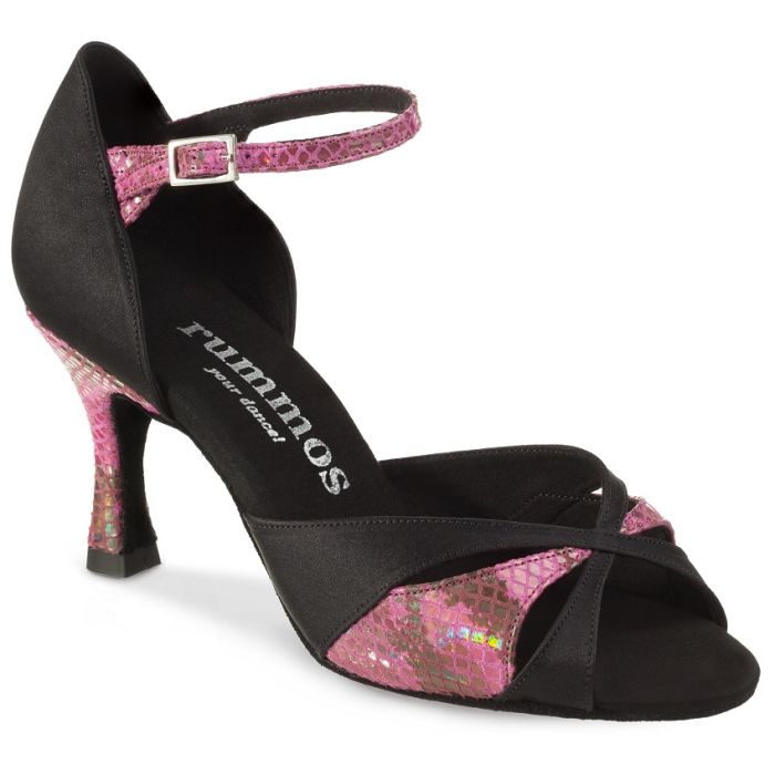 Rummos R385 041-054 Latin dance shoe in pink snake leather and black satin, perfect for Salsa, Tango, and Kizomba.