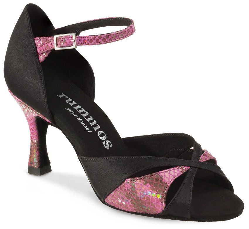 Rummos R385 041-054 Latin dance shoe in black satin and pink snake print, featuring ankle strap and stylish heel.