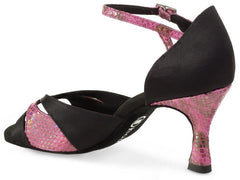 Rummos R385 041-054 Latin dance shoe in pink snake print and black satin, featuring a stylish open toe and ankle strap design.