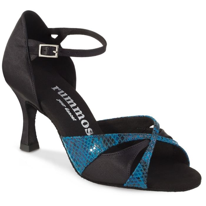 Rummos R385 041-055 Latin dance shoe in blue snake leather and black satin, featuring a stylish strap and comfortable heel.