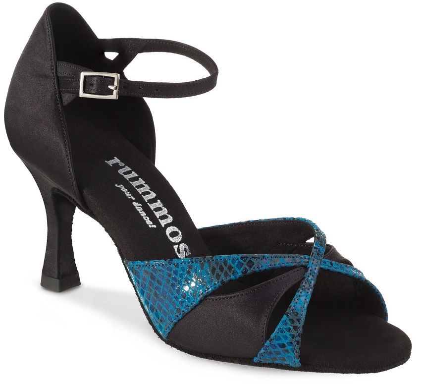 Rummos R385 041-055 Latin dance shoe in blue snake leather and black satin, ideal for Salsa and Tango.