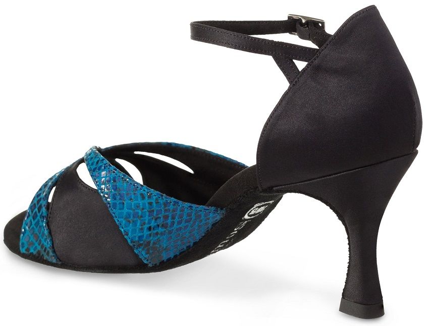 Rummos R385 041-055 Latin dance shoe in blue snake leather and black satin, featuring a balanced heel and elegant design.