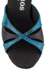 Top view of Rummos R385 041-055 Latin dance shoe in blue snake leather and black satin, featuring cross-strap design.