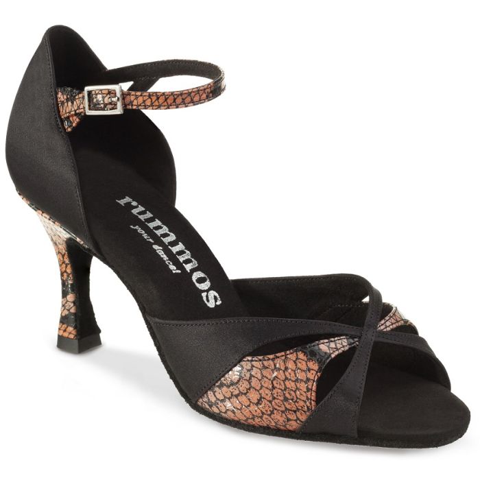 Elegant Rummos R385 041-730 Latin dance shoe in black satin and snake print, perfect for Salsa, Tango, and Kizomba.