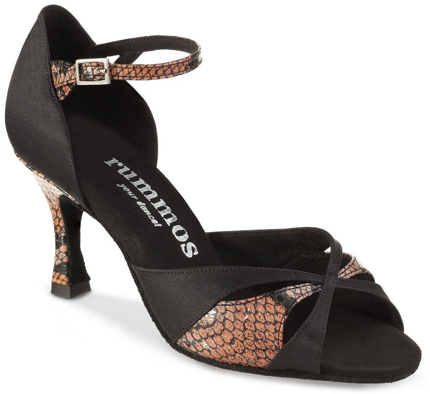 Rummos R385 041-730 Latin dance shoe with elegant black satin and snake print design, ideal for Salsa and Tango.