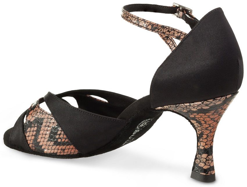 Rummos R385 041-730 Latin dance shoe with black satin and snake print heel, designed for comfort and elegance.