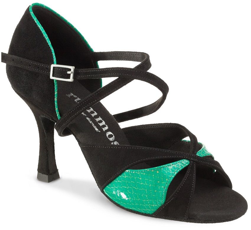 Rummos Emma 024-711 elegant black and green tango sandals with a stylish design and comfortable heel for dancing.