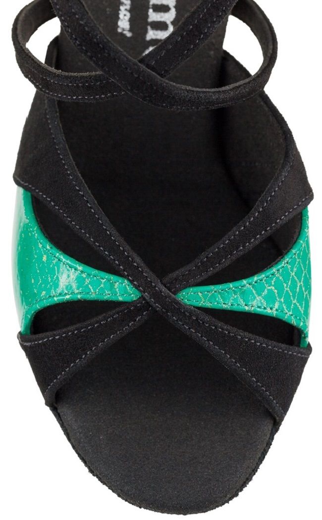 Rummos Emma 024-711 tango sandals featuring elegant black straps and a striking green design, ideal for Latin dancing.