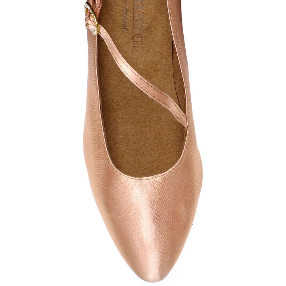 Zoomed-in view of Rummos R394 dance shoe in nude satin with adjustable strap and rhinestone buckle. Ideal for training and competitions.