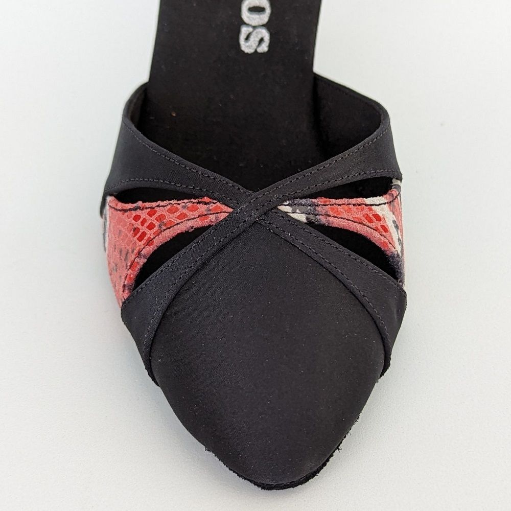 Rummos R405 elegant dance shoe with cross straps in black and red snake print design for comfort and stability.