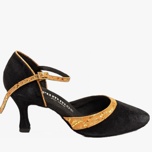 Rummos R407 024-013 elegant black dance shoe with gold detailing and comfortable heel for dance enthusiasts.