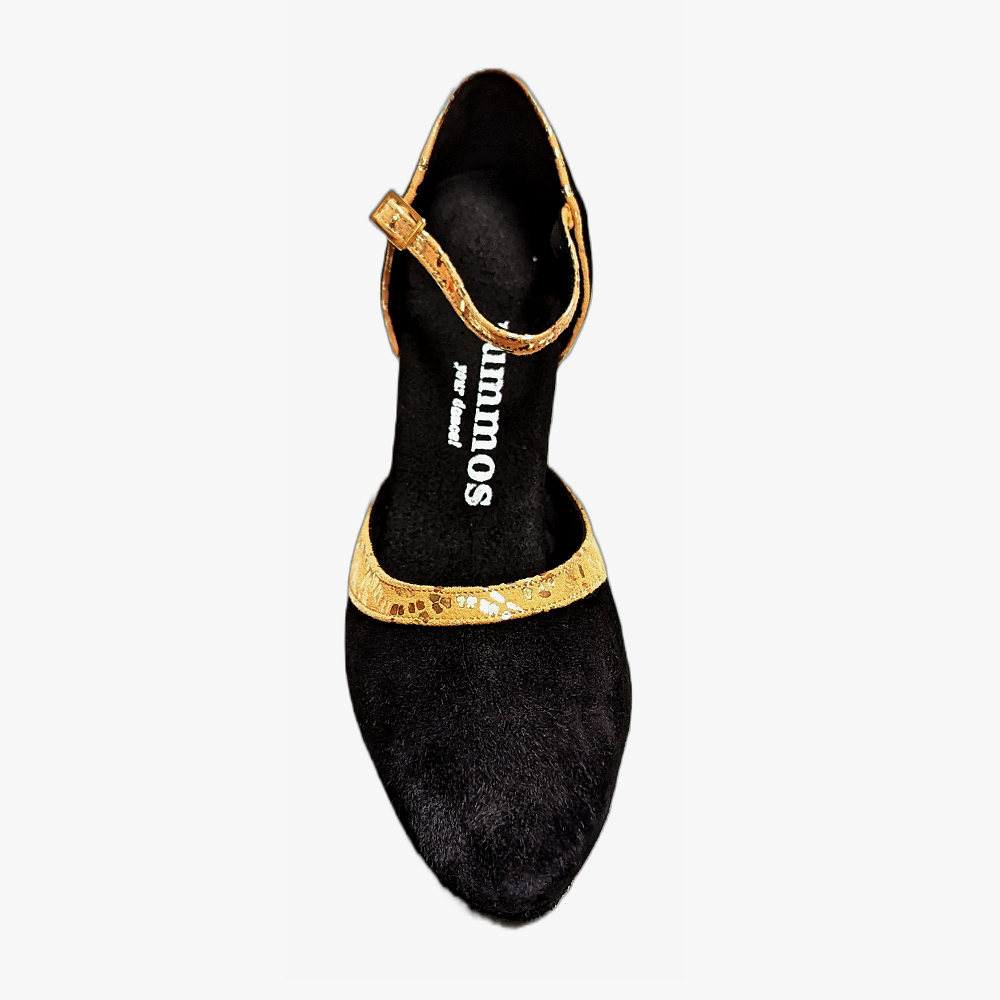 Elegant black Rummos shoe with gold strap, featuring flexible insole for comfort and stability in dance.