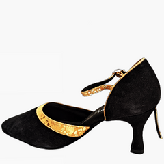 Rummos R407 024-013 elegant black dance shoe with gold detailing and comfortable ankle strap for optimal support.