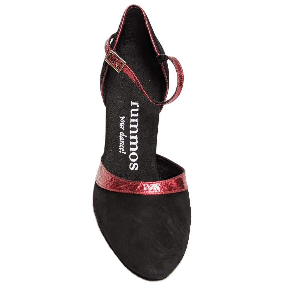 Rummos R407 024-718 elegant dance shoe with a flexible sole and chic black and red strap design.