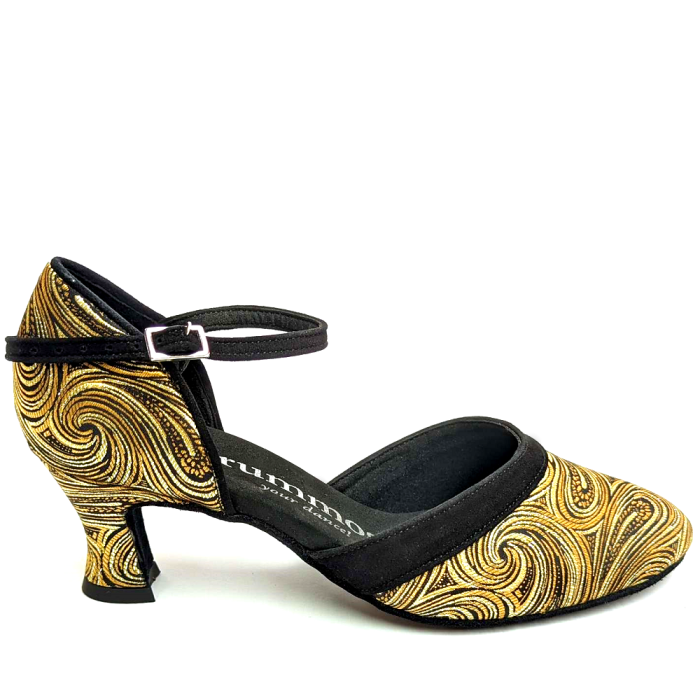 Rummos R407 elegant dance shoe with flexible insole and stunning gold swirl design for ultimate comfort and style.