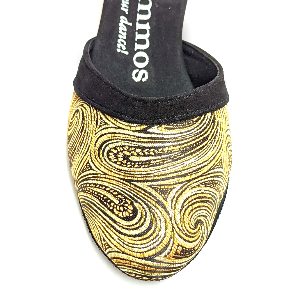 Rummos R407 dance shoe with a stylish golden swirl pattern and comfortable interior for optimal performance.