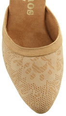 Elegant beige dance shoe with closed front and intricate pattern, ideal for training and social dancing.