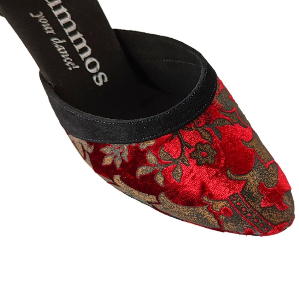 Rummos R407 elegant dance shoe with red and gold floral design, featuring a flexible insole for comfort and stability.