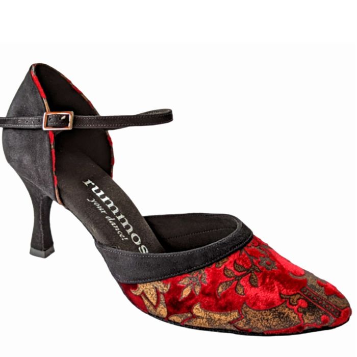 Rummos R407 elegant shoe with red and gold embroidery, featuring a closed front and comfortable ankle strap for dance.