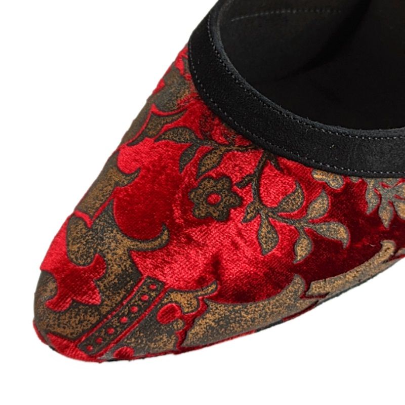 Rummos R407 elegant red and gold dance shoe with floral design, featuring a stable heel and comfortable insole.