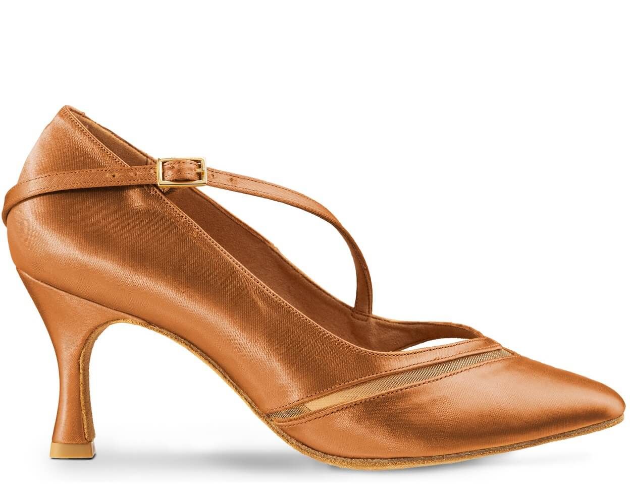 Elegant Rummos R490 Pro Standard dance shoe for women in brown satin, perfect for training and competitions.