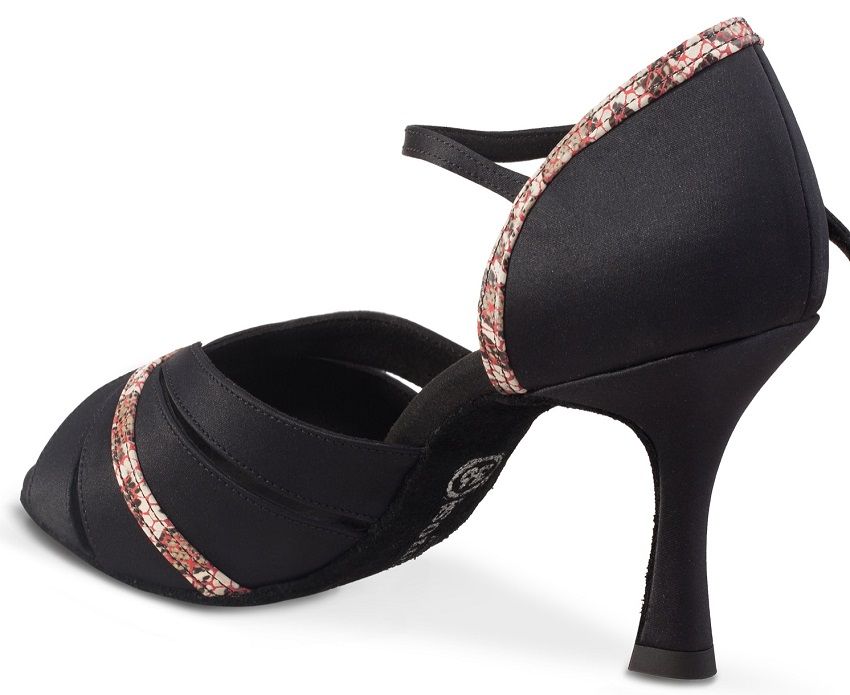 Elegant black Latin dance shoe with floral trim, perfect for salsa and flexible support.