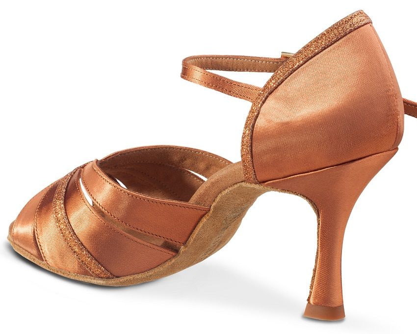 Rummos R505 Latin dance shoe in copper satin with double cushioning and excellent foot support for salsa dancing.