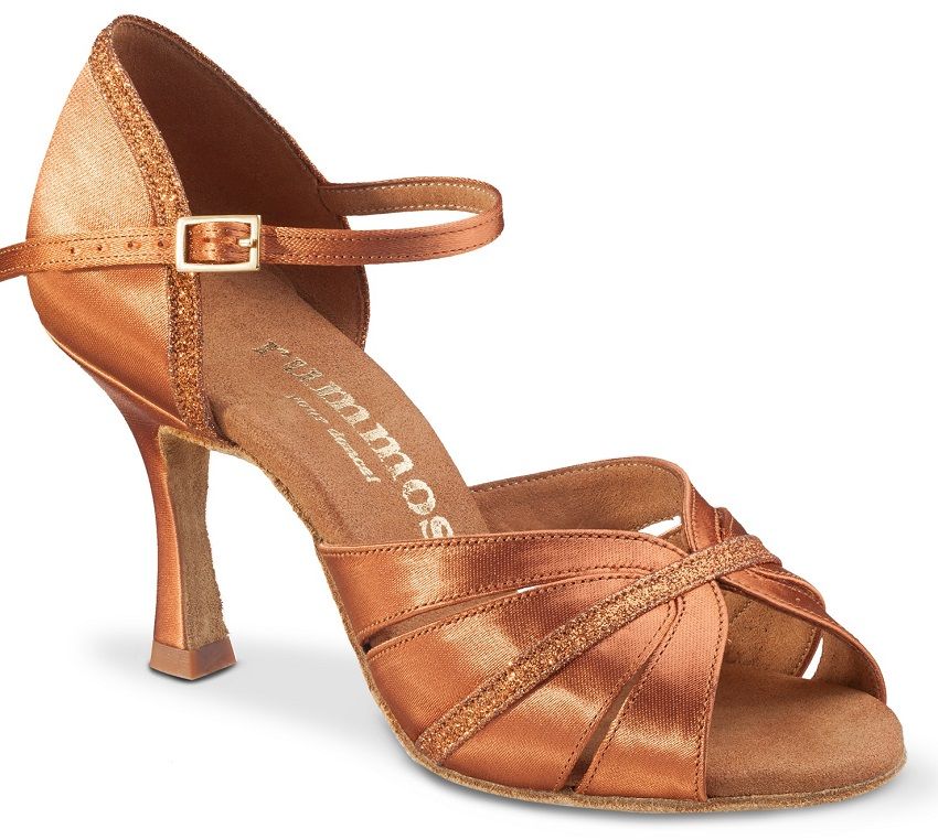 Rummos R505 Latin dance sandal in bronze with stylish strap detailing and comfortable heel for salsa dancing.