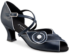 Stylish navy blue high-heeled sandal with decorative flower and cross straps for elegant comfort.