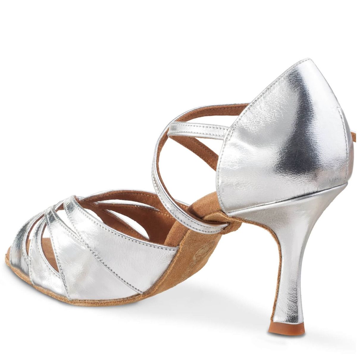 Stylish silver leather dance shoe with ergonomic design and padded comfort for all Latin dance styles.