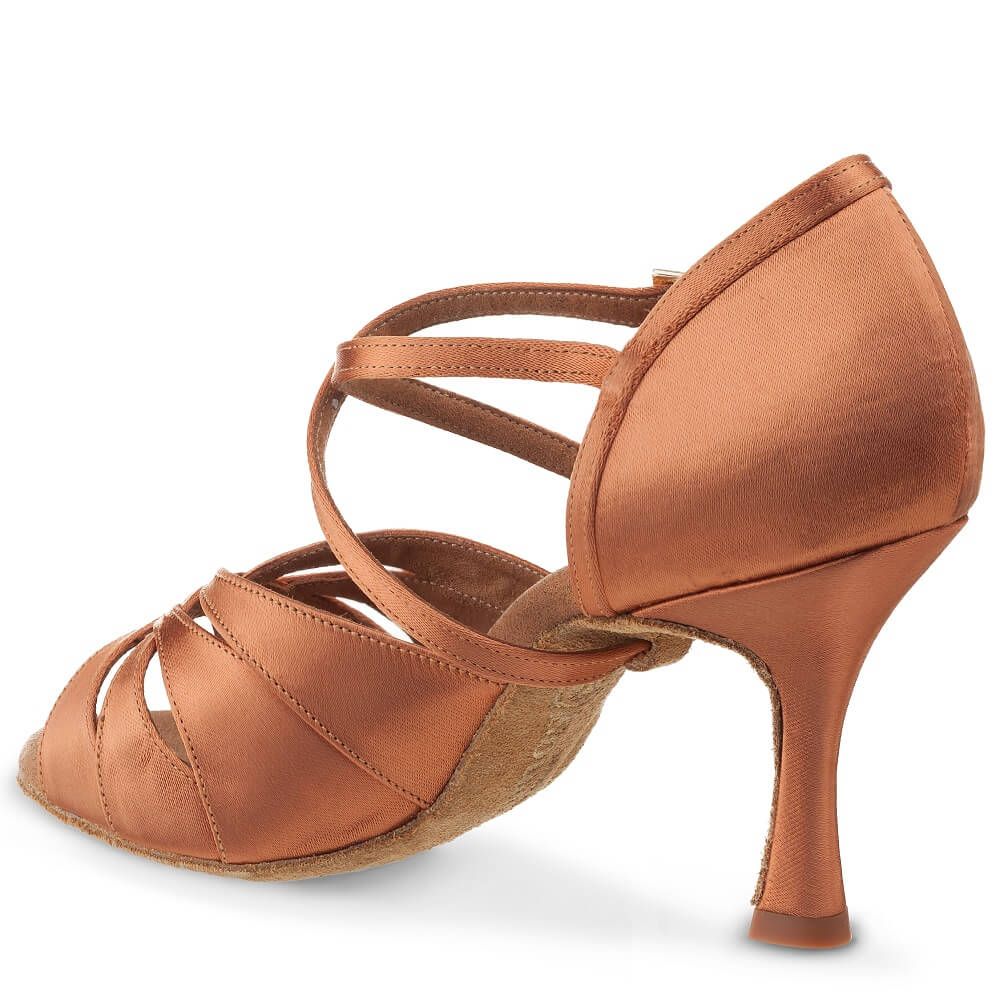 Elegant bronze dance shoe with cross straps and a balanced heel for comfort and stability in Latin dance.