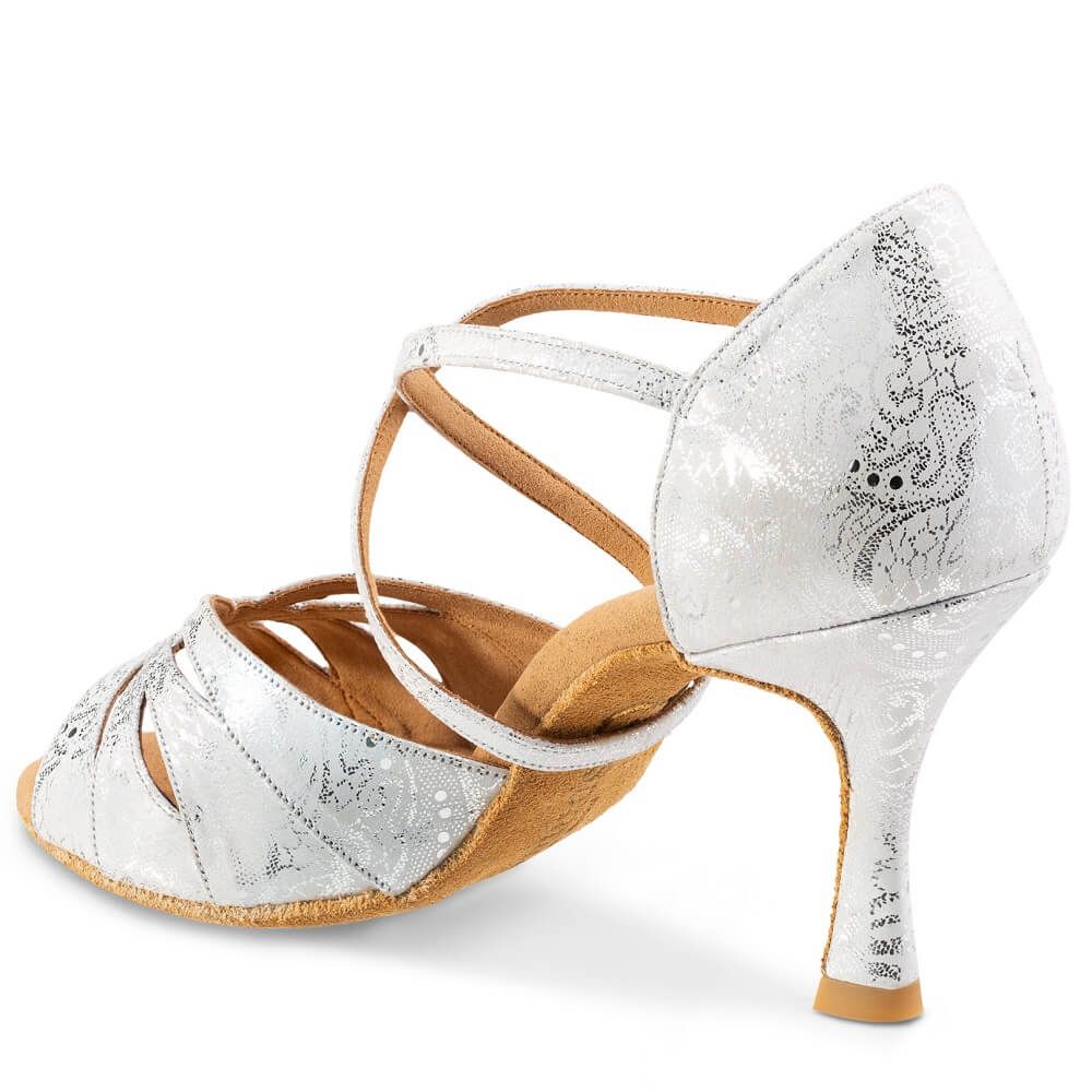 Rummos R520 silver dance shoe, featuring ergonomic design, double cushioning, and a stylish ankle strap for stability.