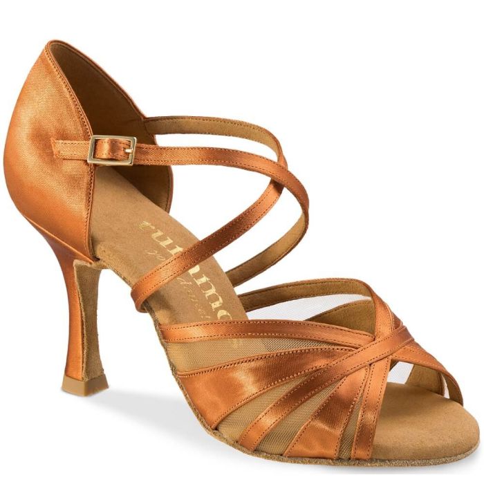 Rummos R530 dance shoe in soft orange satin, featuring straps for support and a stylish heel, perfect for Tango and Salsa.