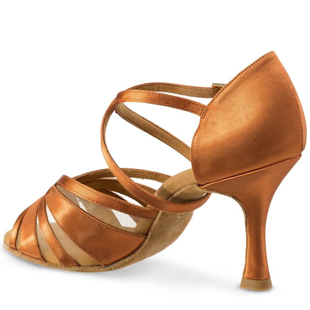 Rummos R530 tango dance shoe in soft orange satin with a high heel and crisscross straps for exceptional support and flexibility.