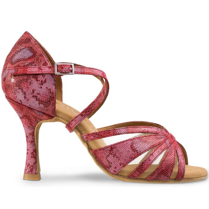 Rummos R530 dance shoe in red snakeskin, featuring soft net, double cushioning, and stable heel for comfort and support.