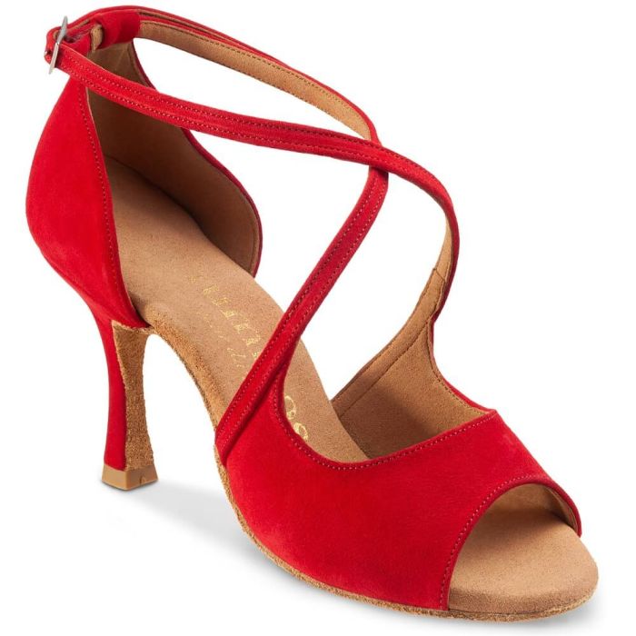 Rummos R545 red Latin dance shoe, ideal for Salsa and Tango, featuring double cushioning and flexible support.