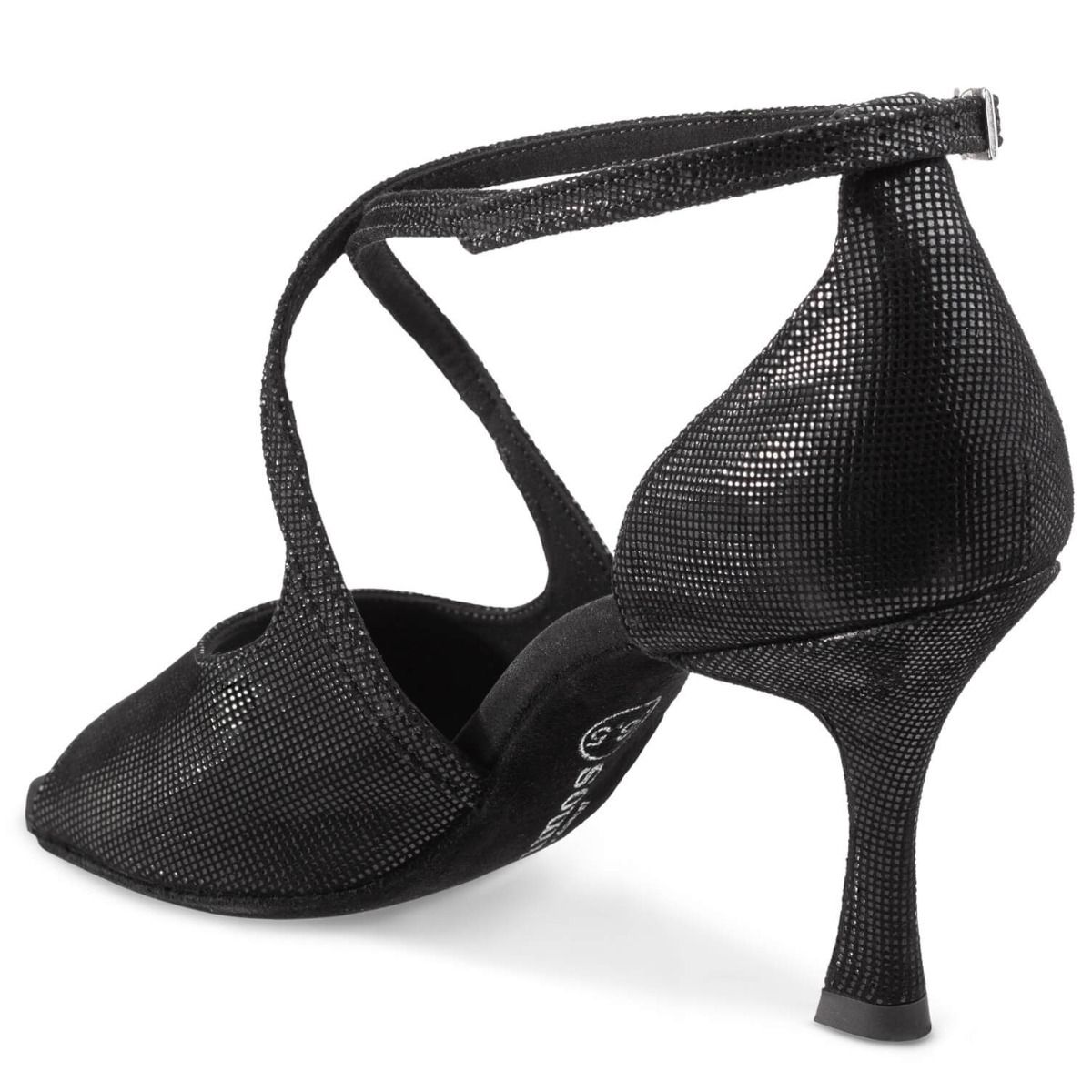 Elegant black R545 Latin dance shoe with glitter finish and supportive heel, perfect for Salsa and Tango dancing.