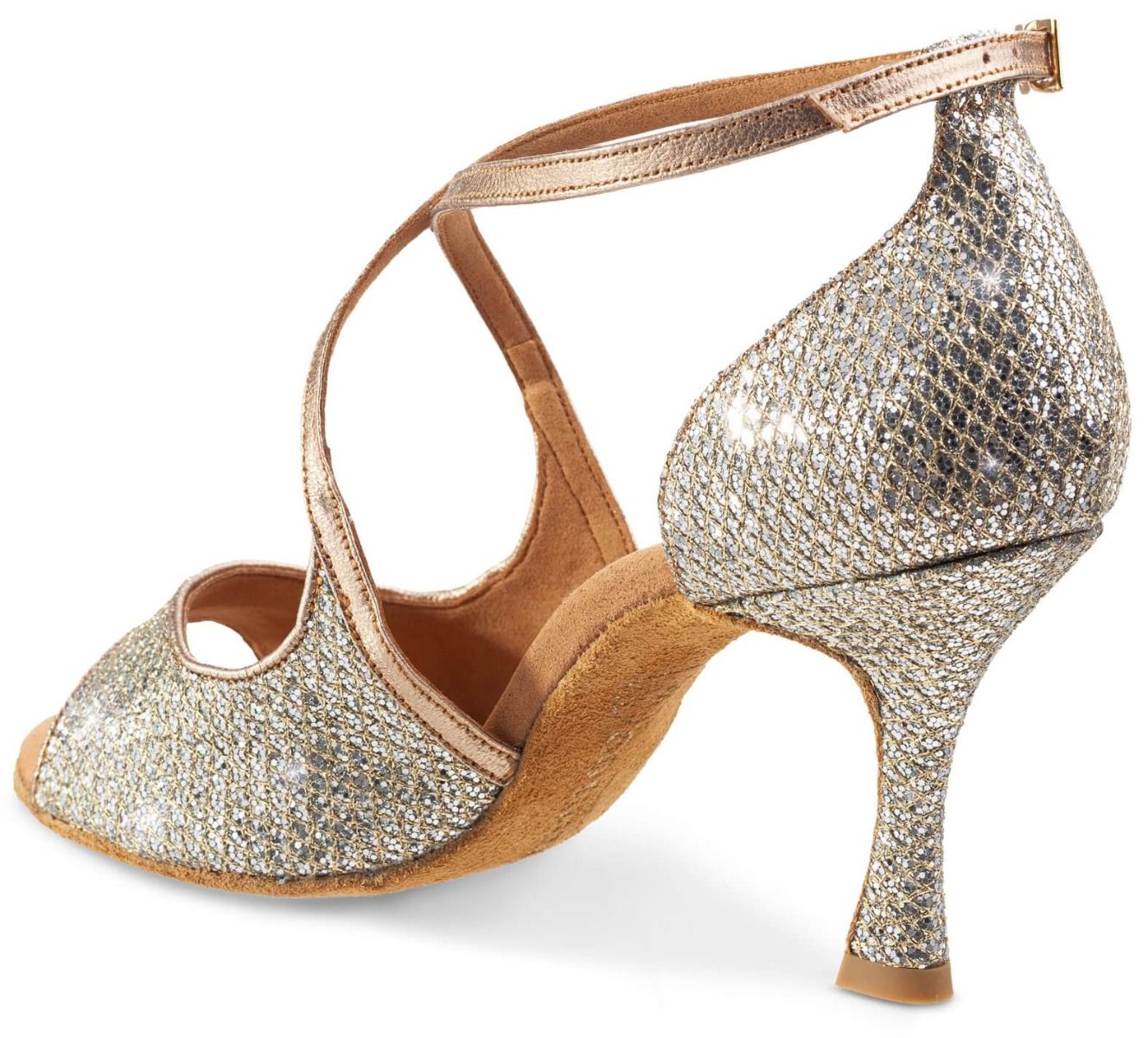 Beautiful Rummos R545 Latin dance shoe in gold GlitterLux, perfect for Salsa, Tango, and Bachata with excellent support and flexibility.