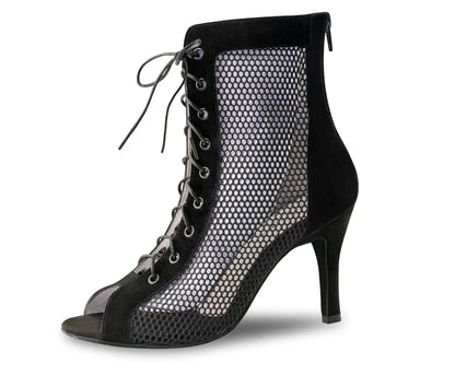 Stylish black dance bootie with lace and mesh design, featuring a 7.5 cm heel for high heel dancing.