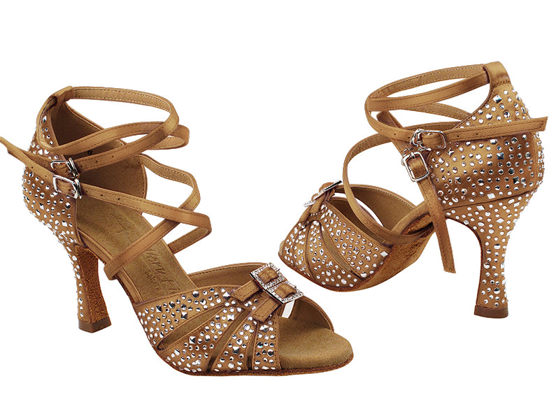 Very Fine S92307MSC 78 Brown Satin dance shoes with rhinestones and adjustable straps for comfort and style.