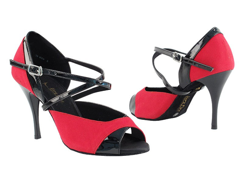 Very Fine 2828LEDSS red velvet and black patent dance shoes with stiletto heels and adjustable strap.