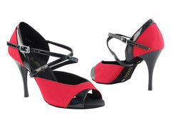 Very Fine 2828LEDSS red velvet and black patent dance shoes with stiletto heels and adjustable strap.