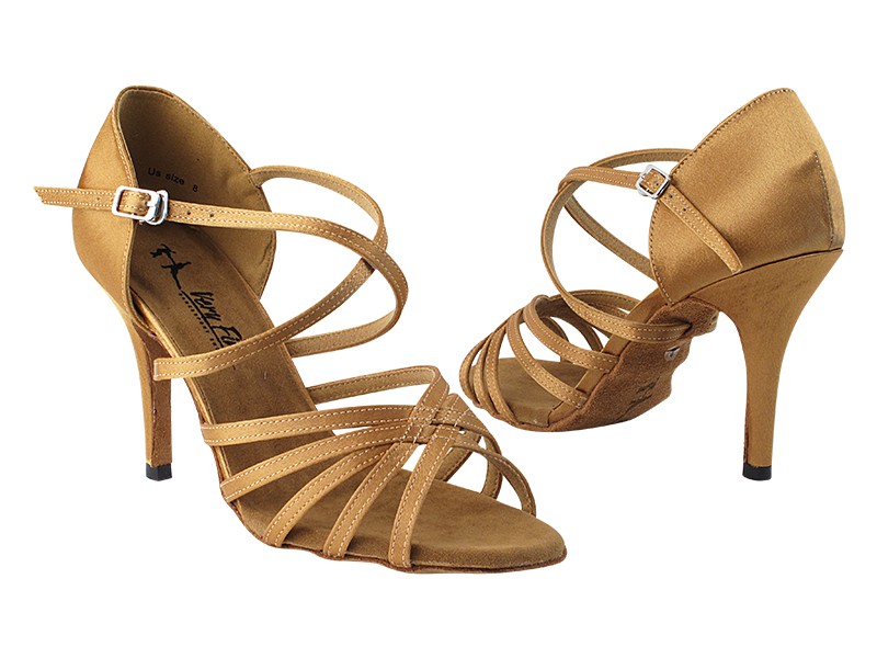 Very Fine 1613LEDSS Brown Satin dance shoes with strappy design and stiletto heels, ideal for elegance and comfort.