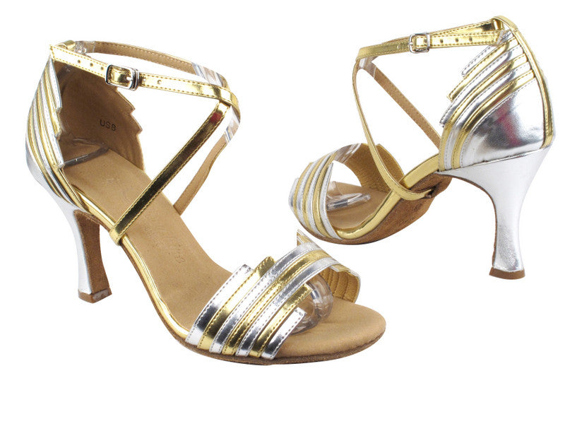 Very Fine SERA1700 gold leather dance shoes with silver trim, featuring a stylish design and comfortable high heel.