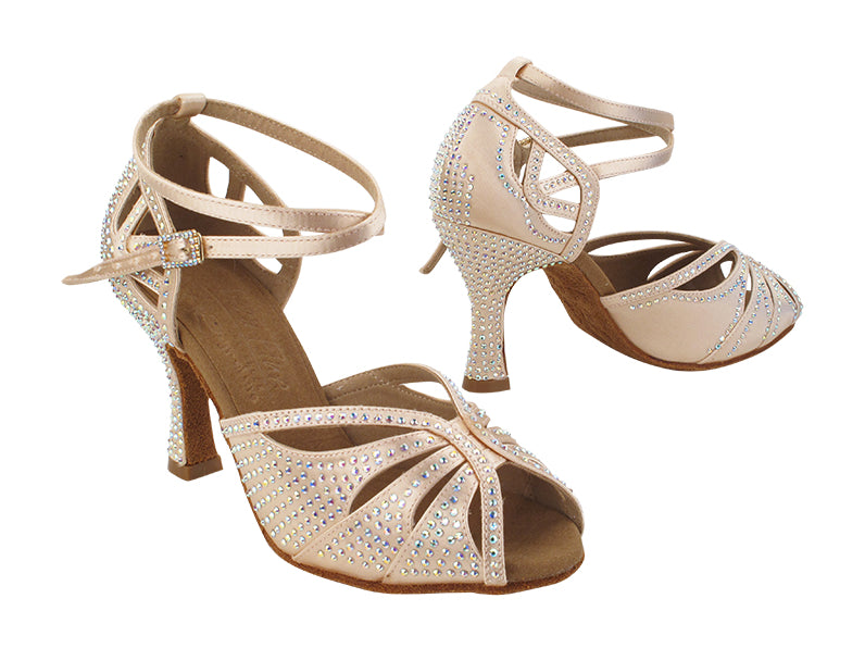 Very Fine S1003CC Flesh Satin dance shoes with sparkling rhinestones and a 2.5" or 3" flare heel in beige satin.